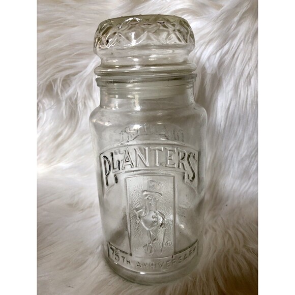 Vintage 1981 75th Anniversary PLANTERS PEANUTS MR PEANUT GLASS JAR W/LID GIFT *A - Picture 1 of 5